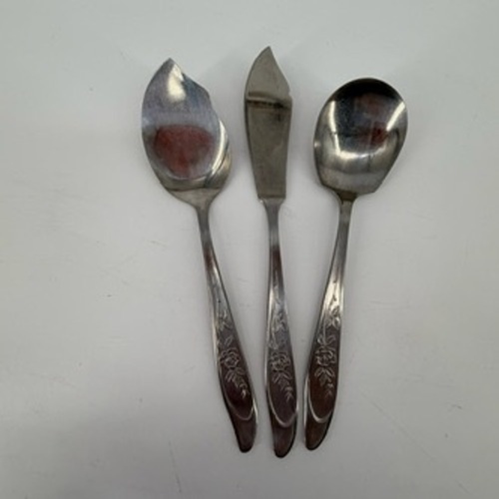 Vintage Silhouette Japan Stainless Jam Spreader Butter Knife Sugar Spoon Set 3pc